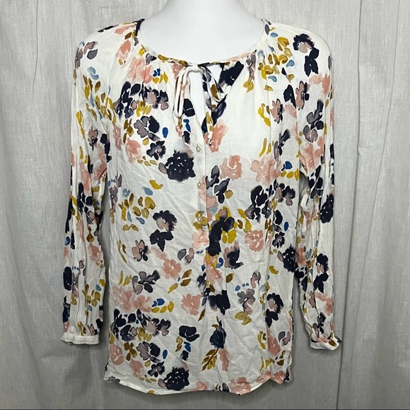 Lucky Brand White & Multicolor Floral-Print Peasant Tie Neck Crepe Blouse - Picture 2 of 16